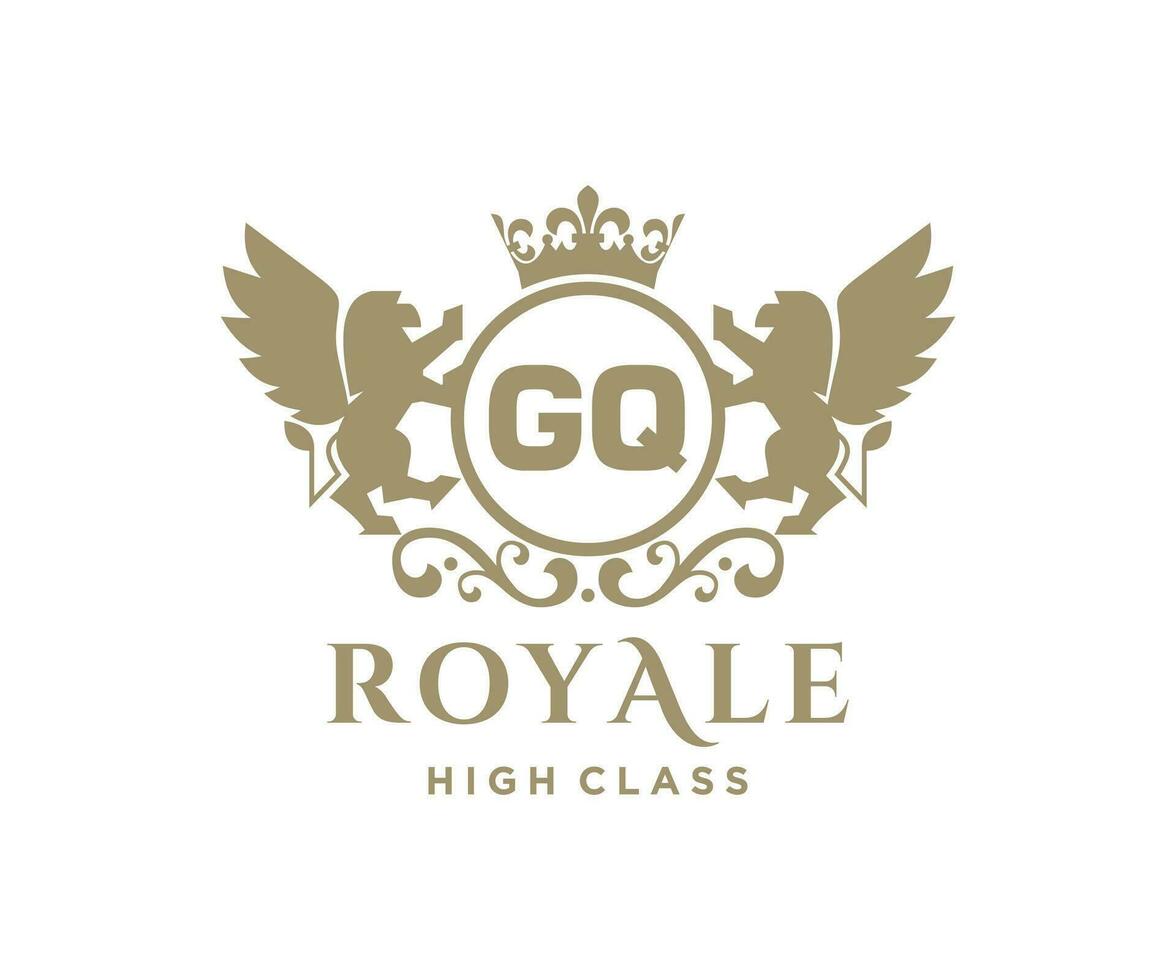 Golden Letter GQ template logo Luxury gold letter with crown. Monogram alphabet . Beautiful royal initials letter. vector