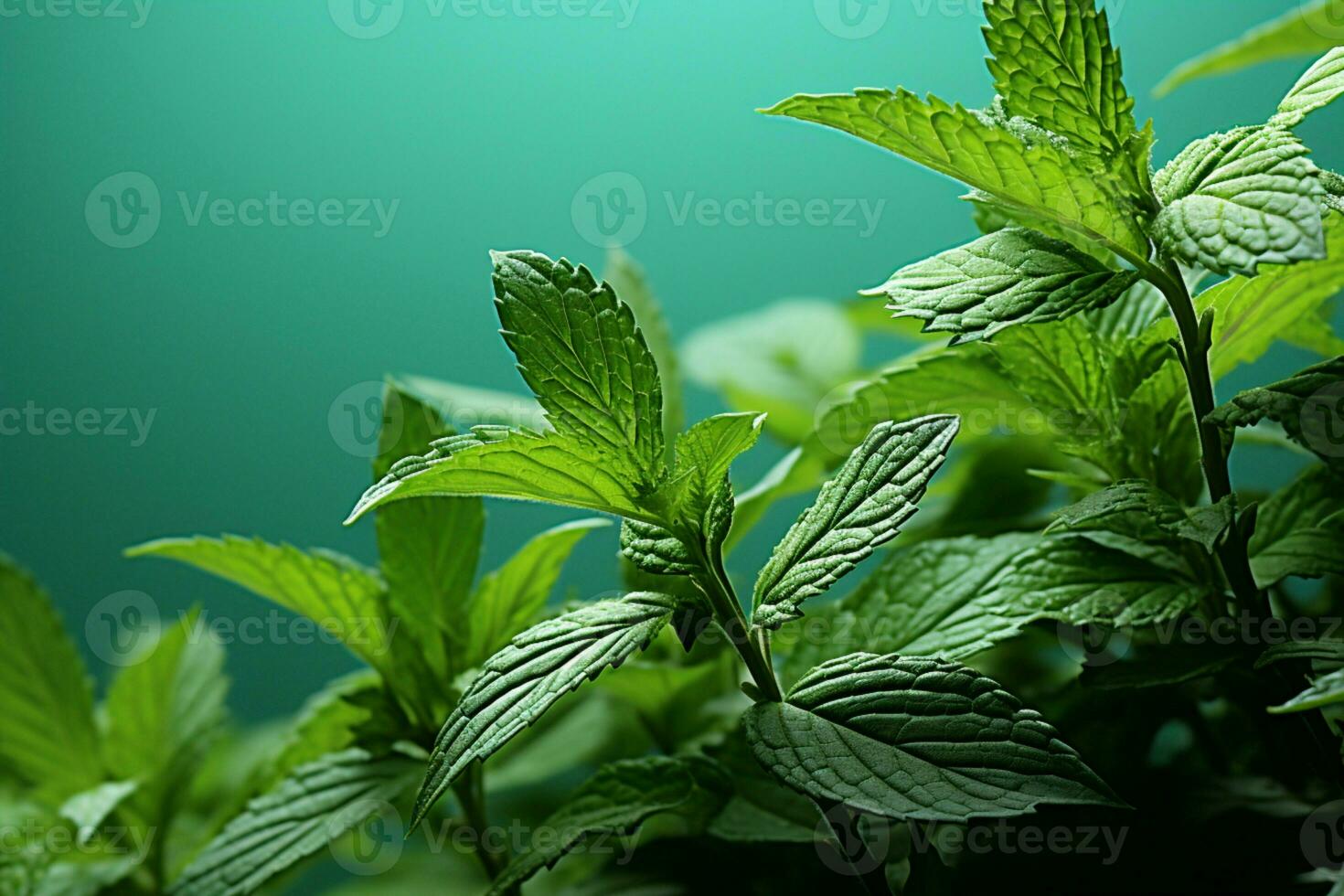 Mint leaves in the foreground set against a soothing pale green background AI Generated photo