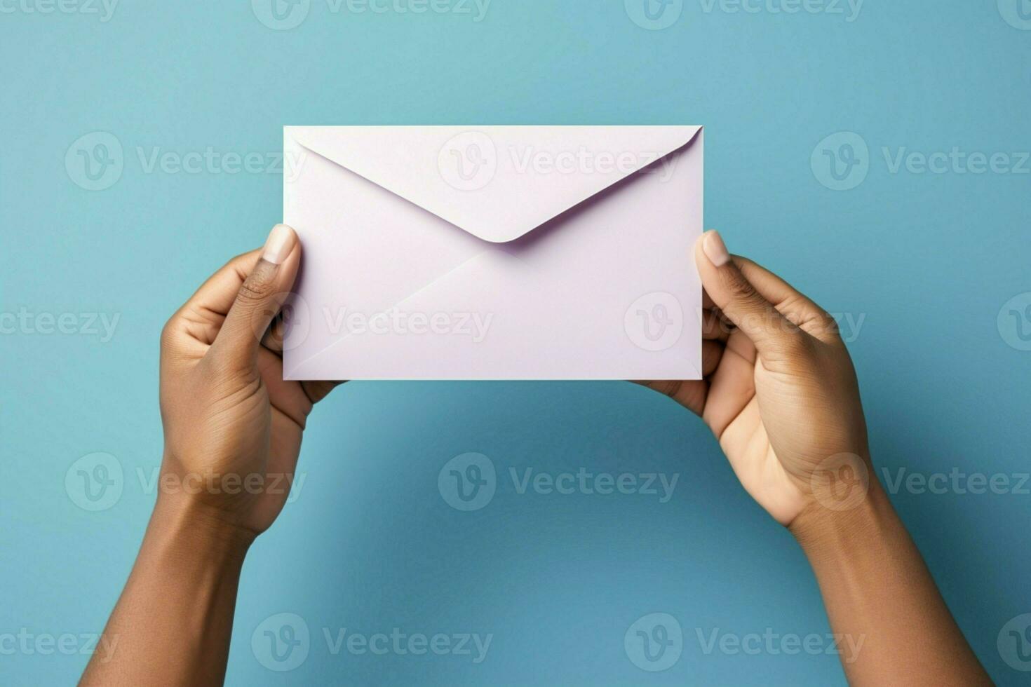 First-person view Hands grasp blue envelope, white card on pastel background. Ample space. AI Generated photo