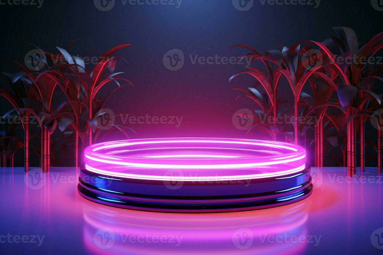 Cylinder podium featuring dynamic neon lighting for eye catching product displays AI Generated photo