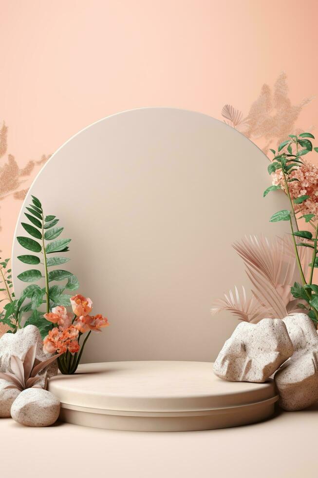 Empty podium made of pastel beige pink stone. Scene, stand with flowers. Generative AI photo