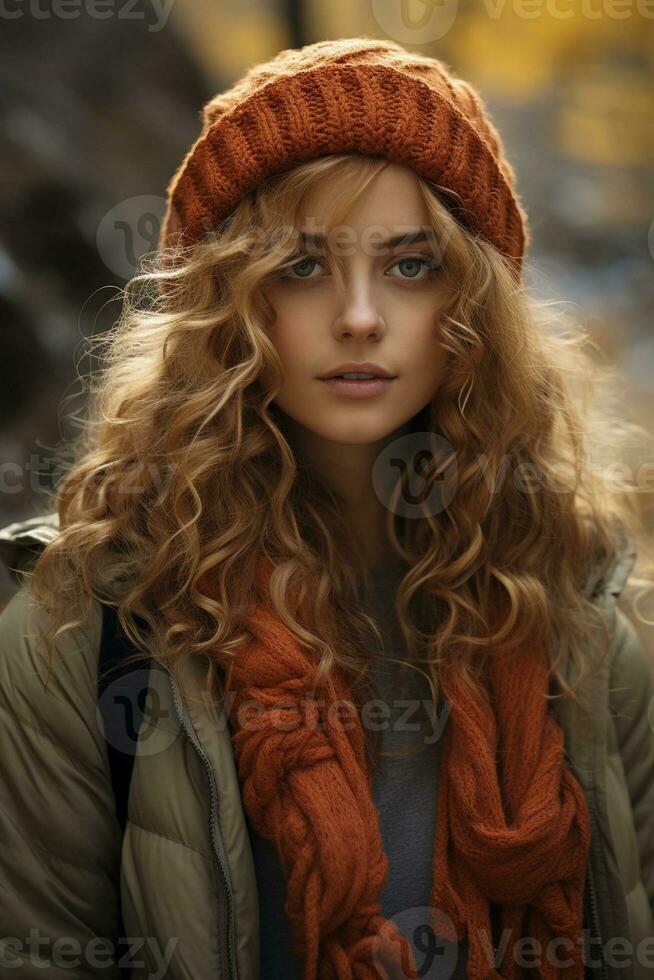 Portrait of young woman in autumn park, created with generative AI photo