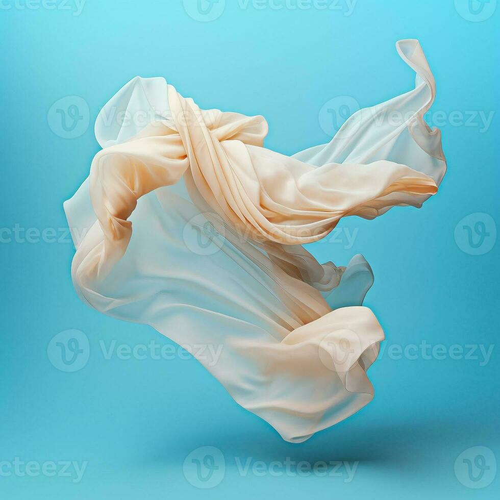 Floating cloth in dynamic movement over blue background, created with generative AI photo