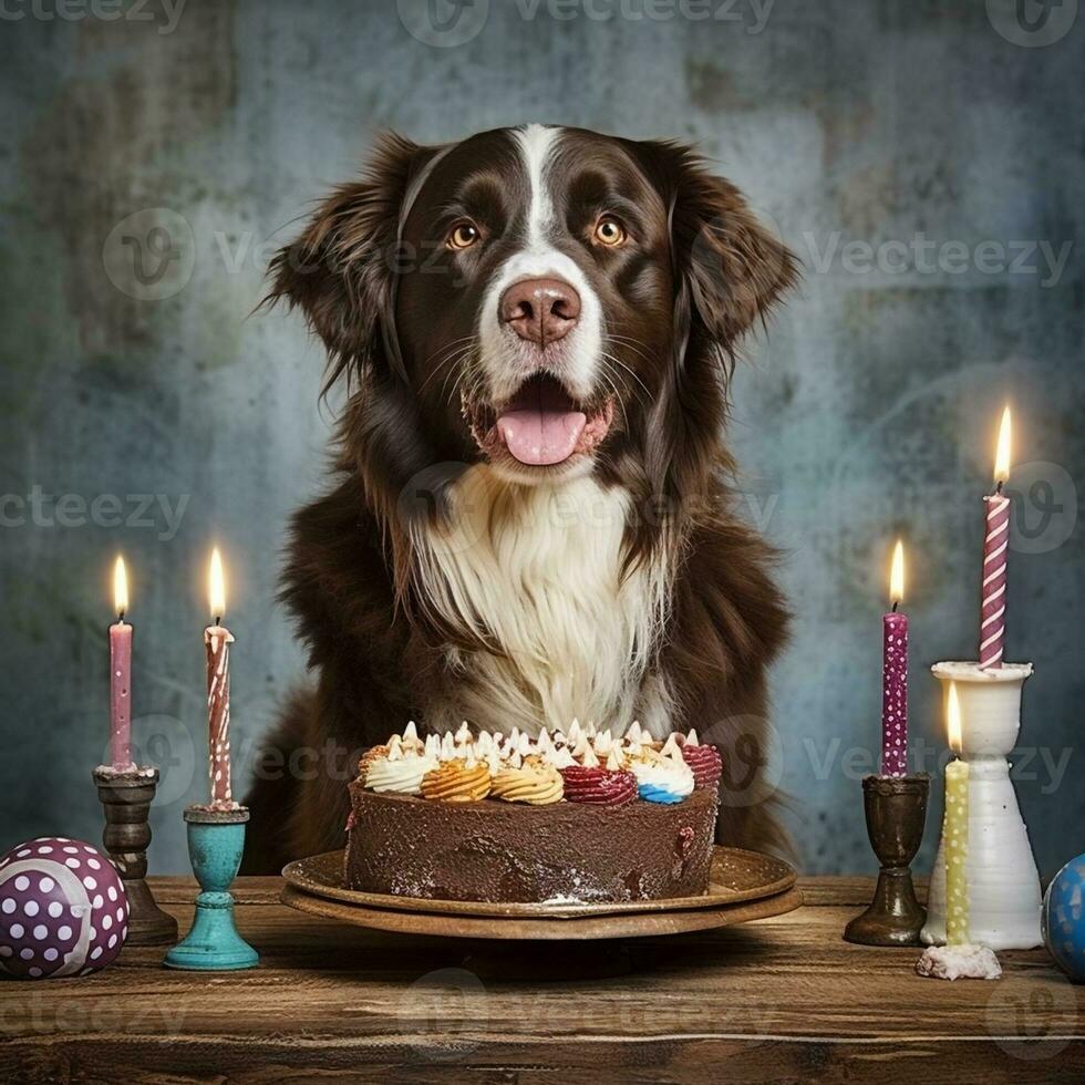 Dog celebrating birthday with cake and candles, created with generative AI photo