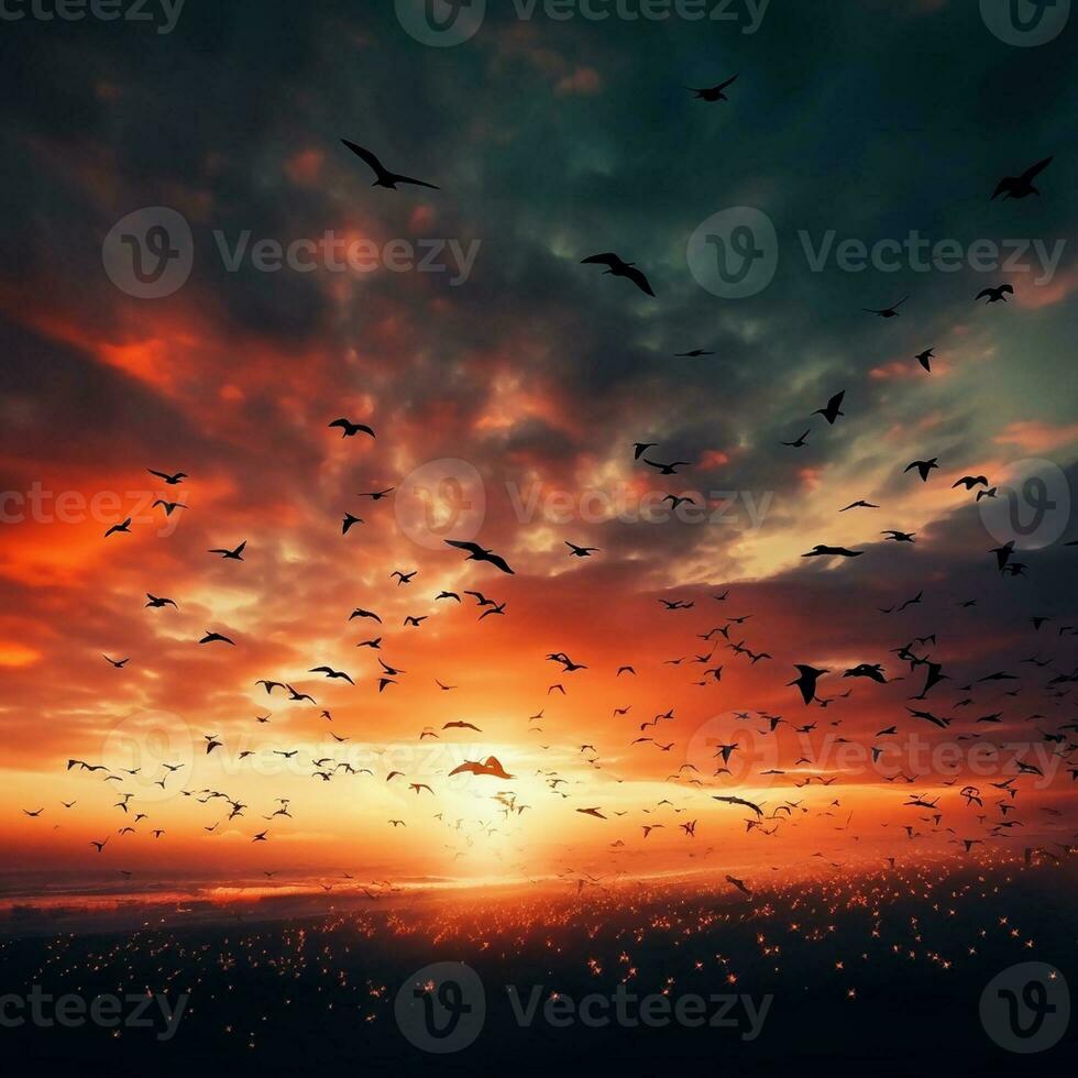 Dramatic flock of birds flying in the sunset, created with generative AI photo