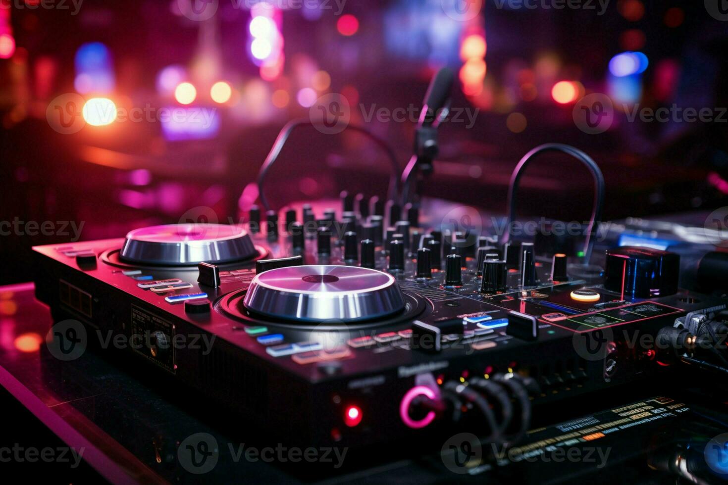 vibrante la vida nocturna rosado DJ auriculares, sonido mezclador, y tocadiscos en el club. ai generado foto