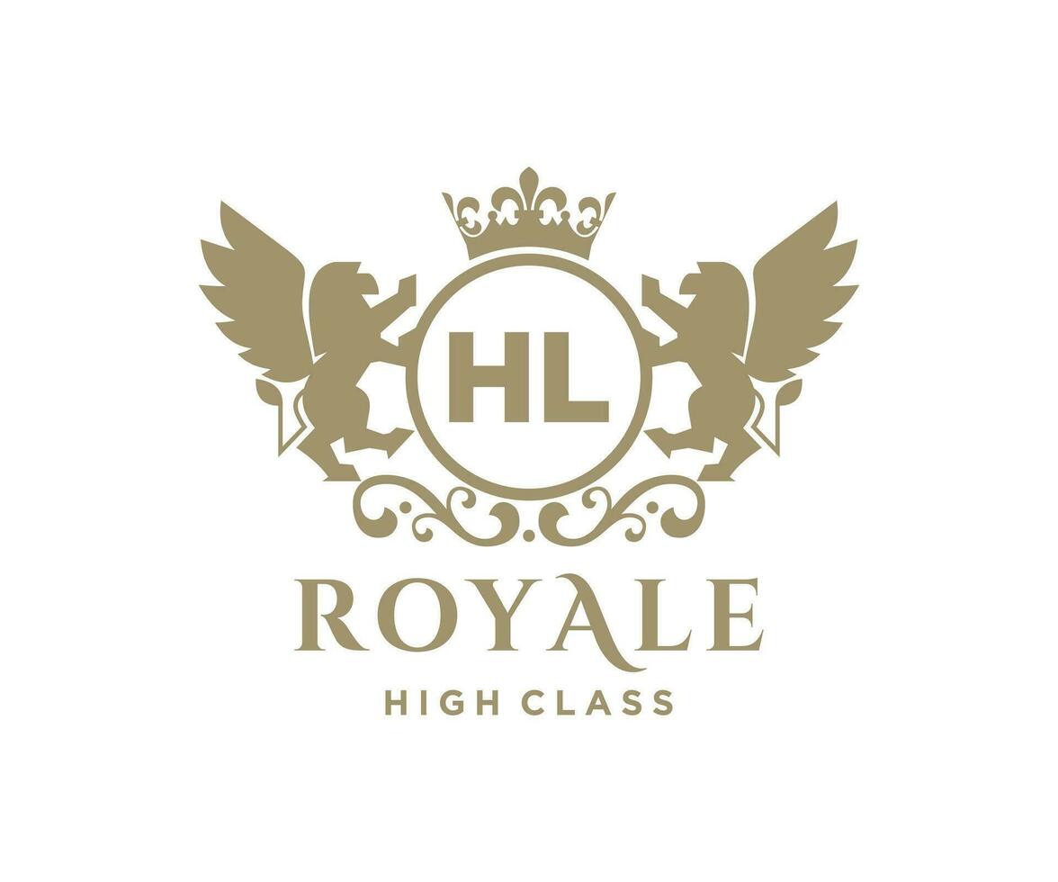 Golden Letter HL template logo Luxury gold letter with crown. Monogram alphabet . Beautiful royal initials letter. vector