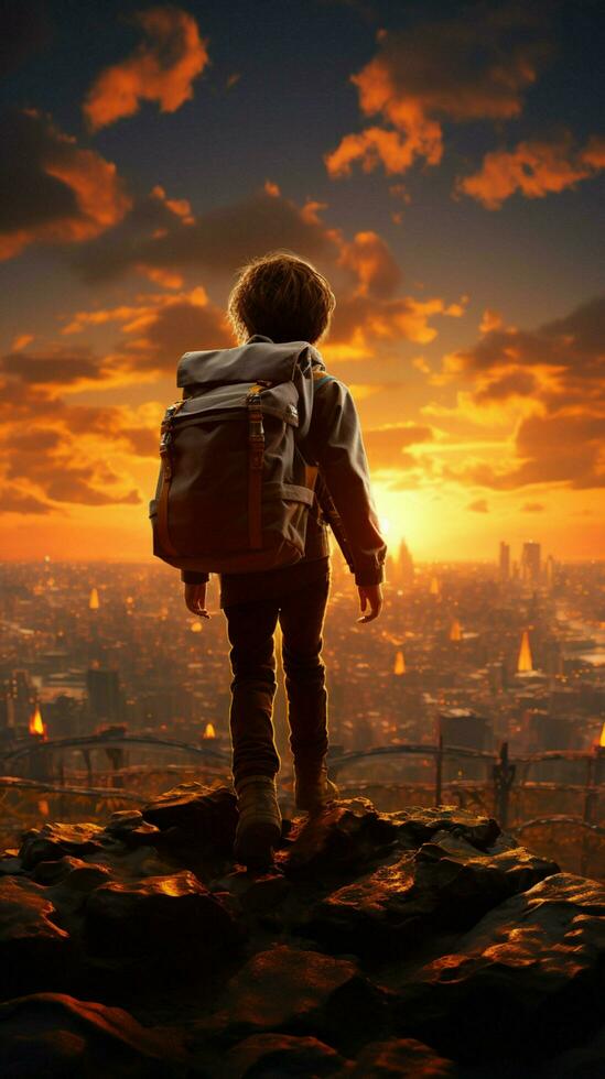 Child s wanderlust, flying on a suitcase, silhouetted against sunset s hues Vertical Mobile Wallpaper AI Generated photo