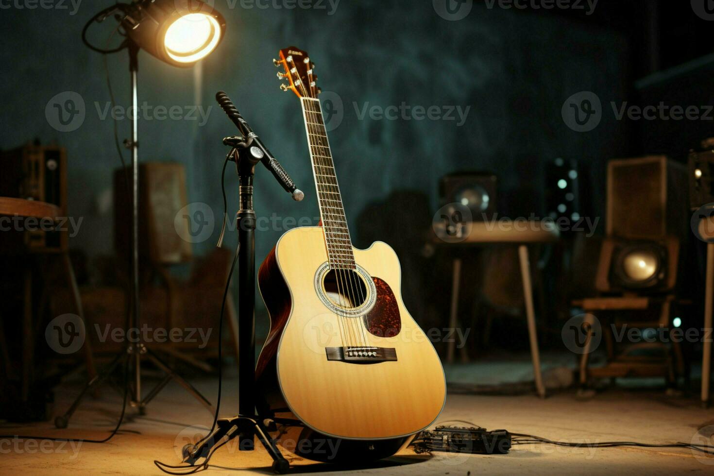 In the recording studio, an acoustic guitar awaits its time to harmonize. AI Generated photo