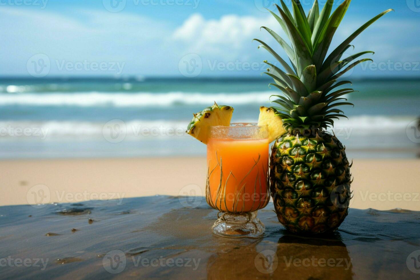 Tropical delight Refreshing pineapple drink enjoyed against a stunning beach backdrop AI Generated photo