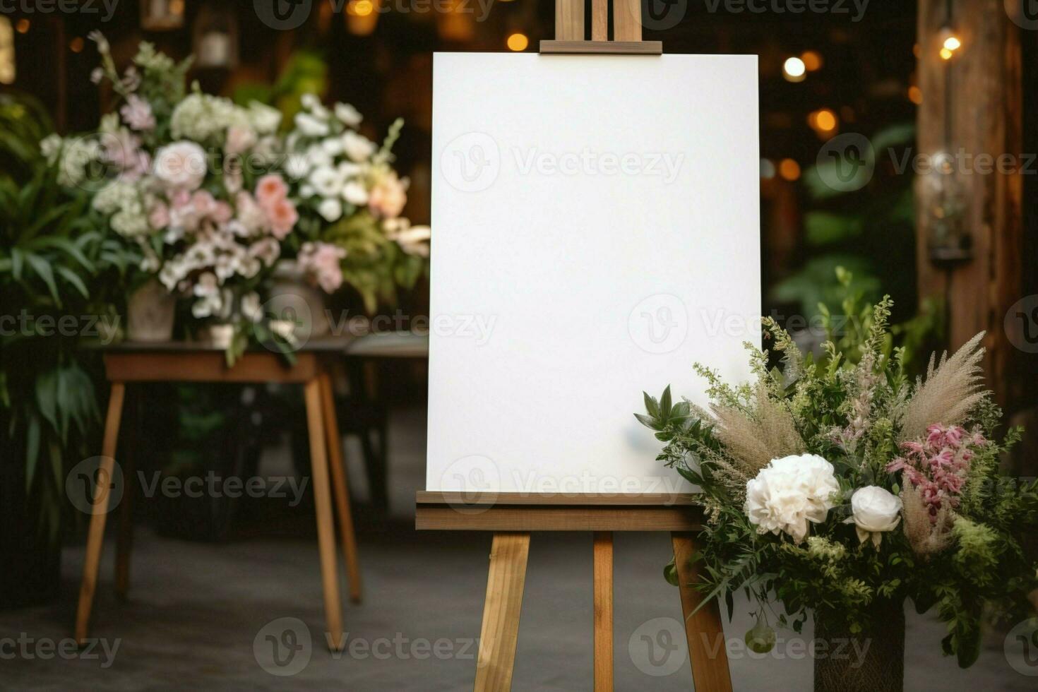Stand adorned with blank white board, awaiting wedding memories to be showcased AI Generated photo
