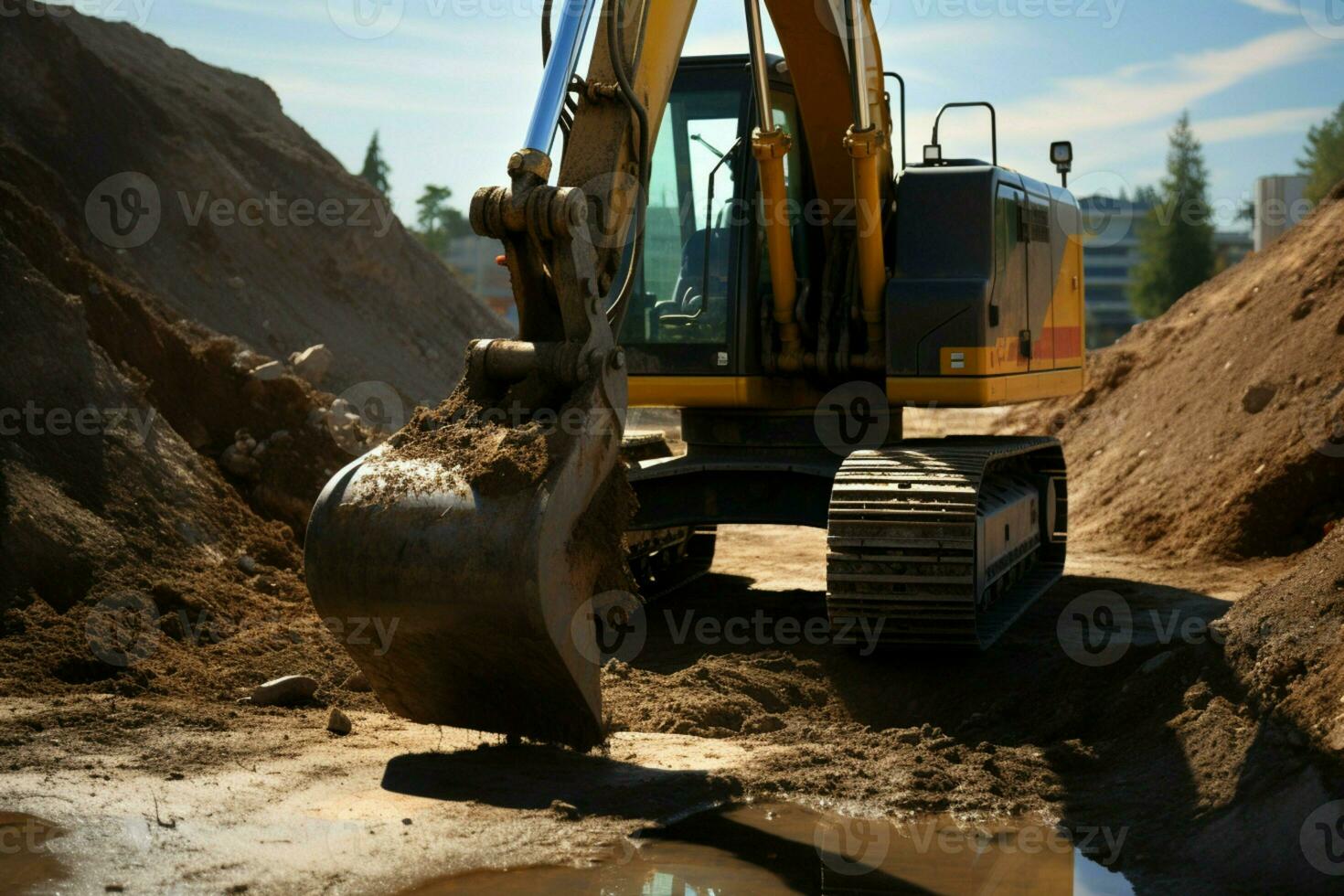 Bright daylight illuminates the scene as a heavy excavator digs outdoors energetically. AI Generated photo