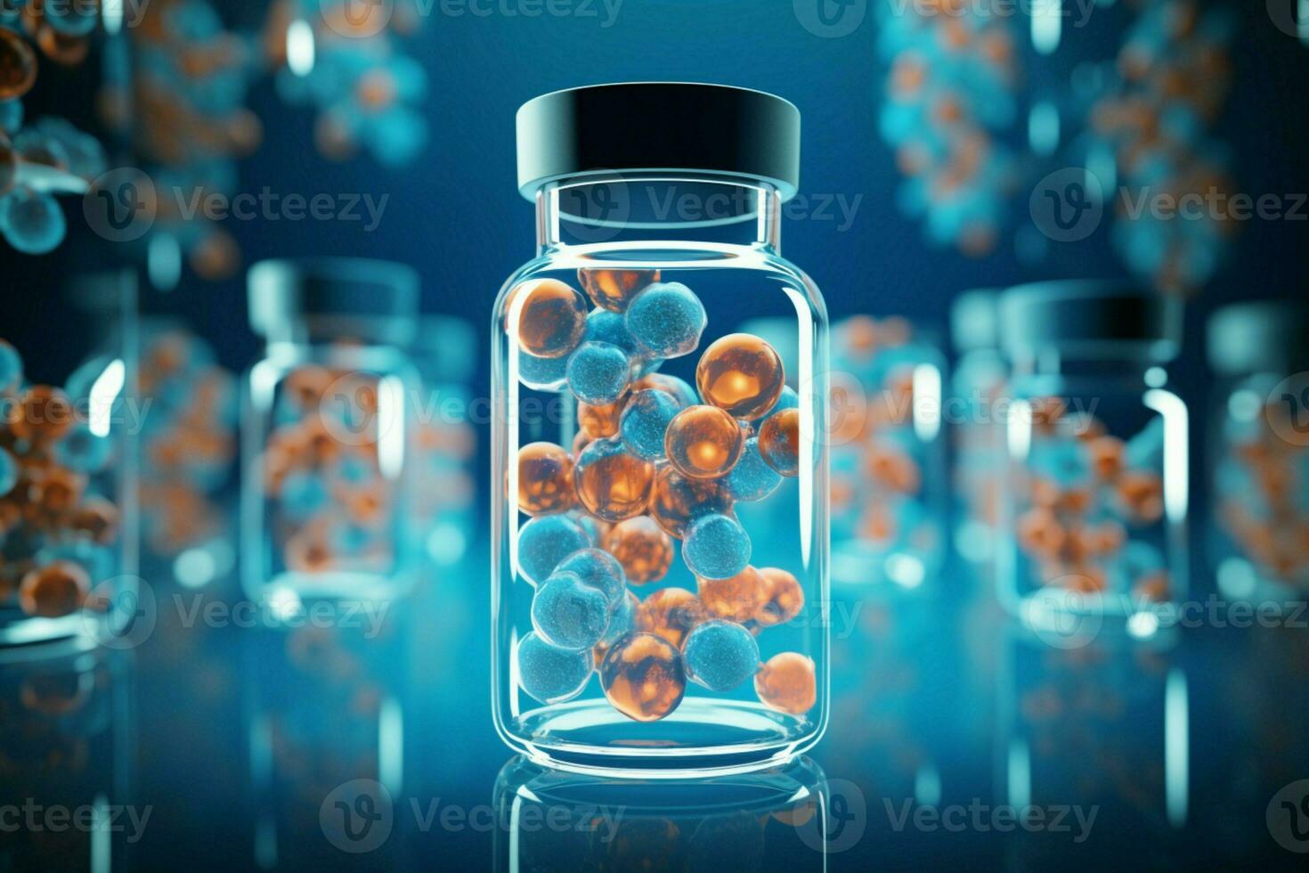 Transparent cells within a medicine bottle portrayed in 3D rendering and digital art AI Generated photo