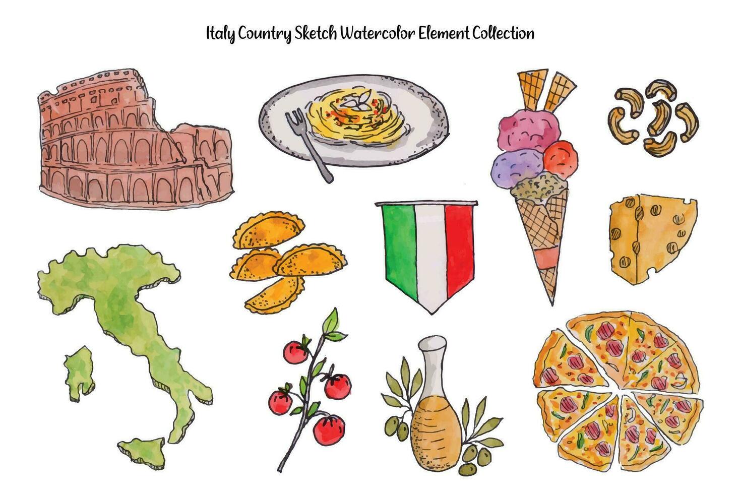 Italy Nation Watercolor Sketch Element Collection vector