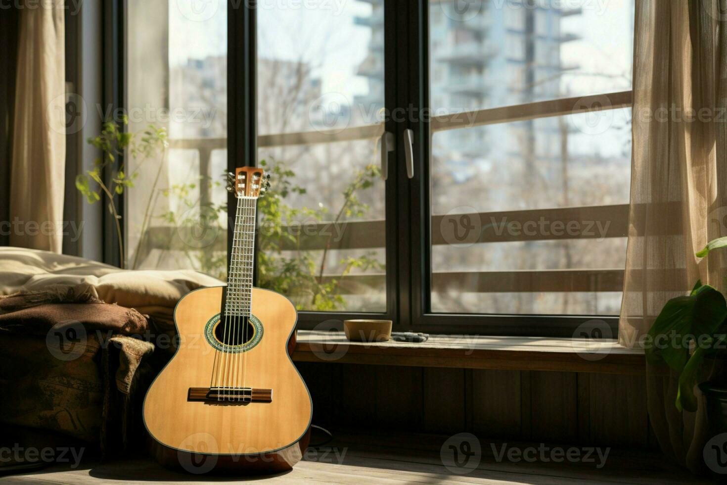 A classical guitar graces a modern city apartment, bridging eras with elegance. AI Generated photo