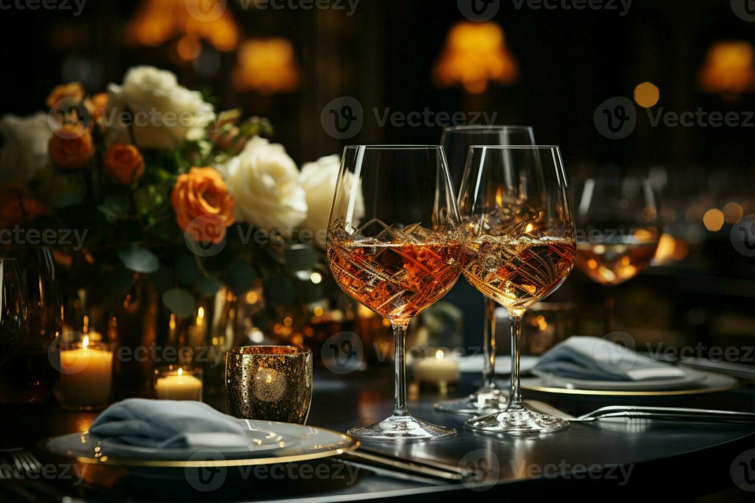 Elegant table settings for fine dining, crystal glassware, and a beautifully blurred background AI Generated photo