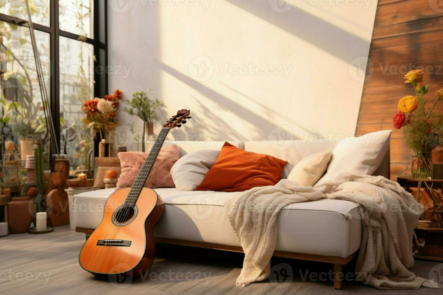 The living room's contemporary coziness enhanced by the presence of a guitar. AI Generated photo