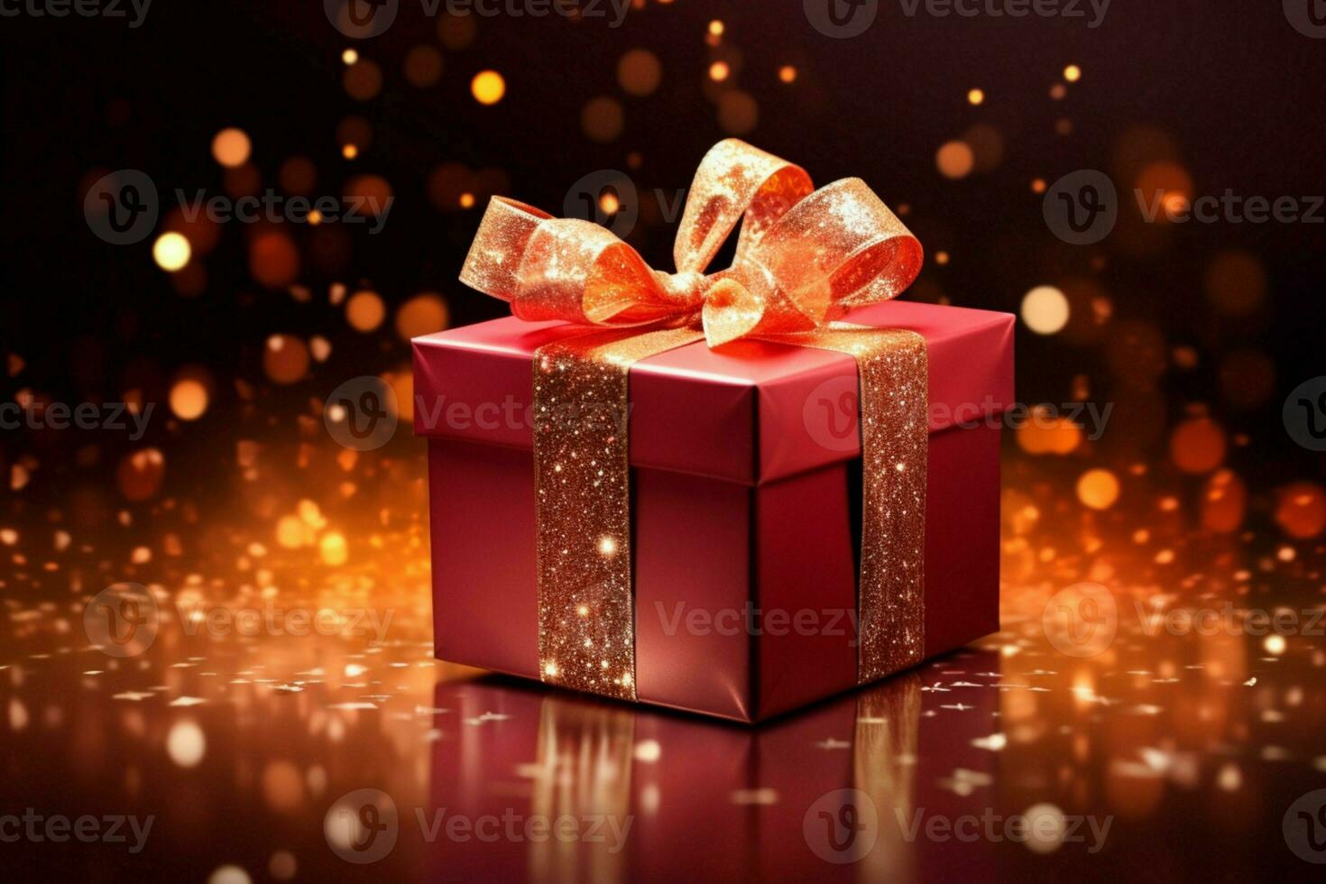 Opened gift box in fiery red, glimmers with captivating sparkles. Unwrapping magic. AI Generated photo