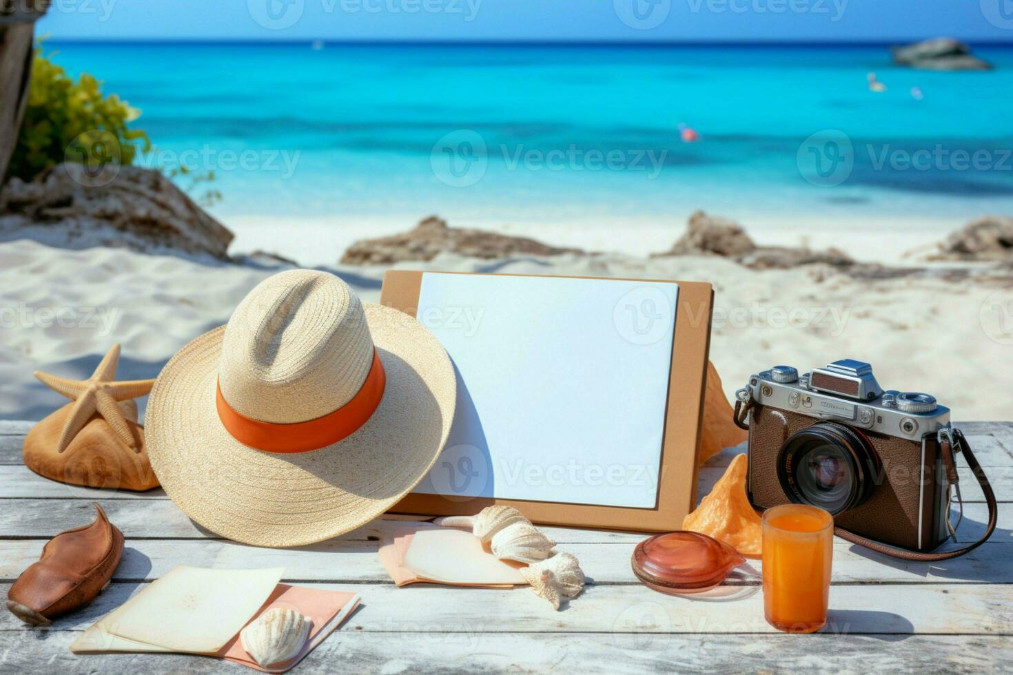 Summer travel essentials Beach backdrop, camera, and blank photo paper for memories AI Generated