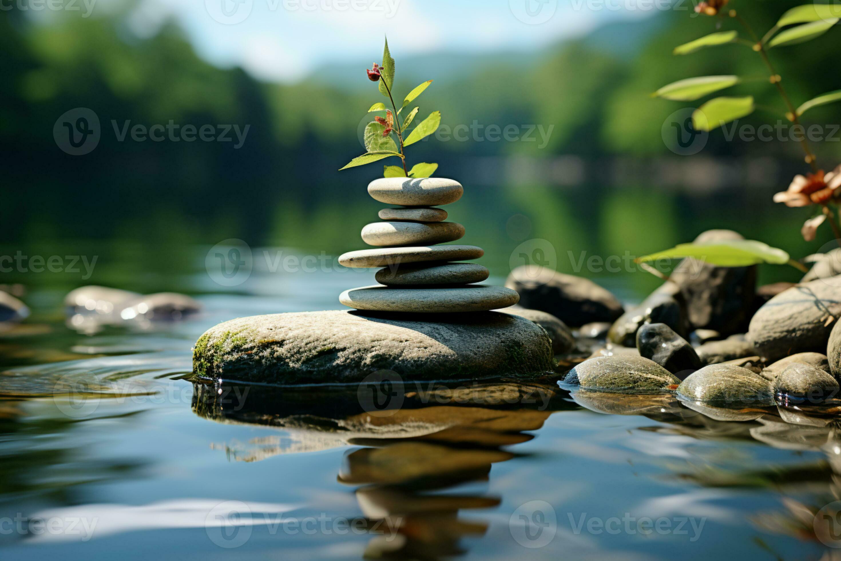 Serene Zen oasis, spiritually uplifting, balanced stone art