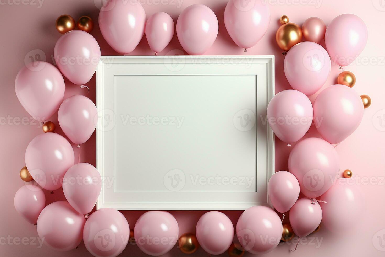 Topdown view pastel pink table, balloonframed frame, confetti perfect birthday flat lay AI Generated photo