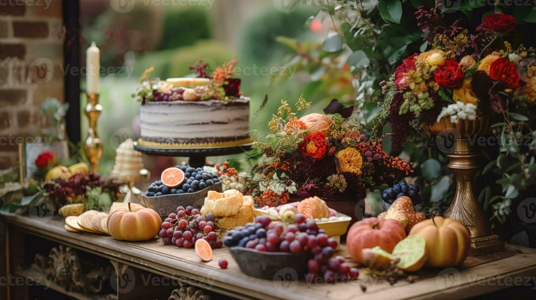 Autumnal dessert buffet table, event food catering for wedding, party and holiday celebration, cakes, sweets and desserts in autumn garden, generative ai photo