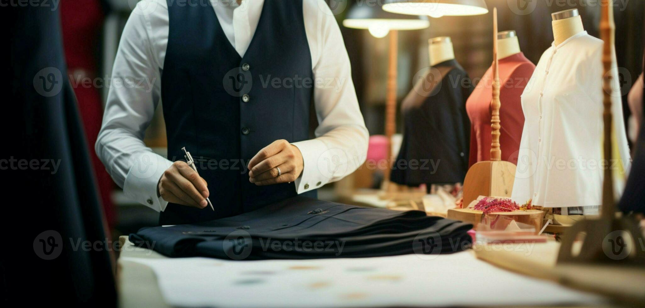 Attentive tailor in Asian workshop refines dress on mannequin with care AI Generated photo