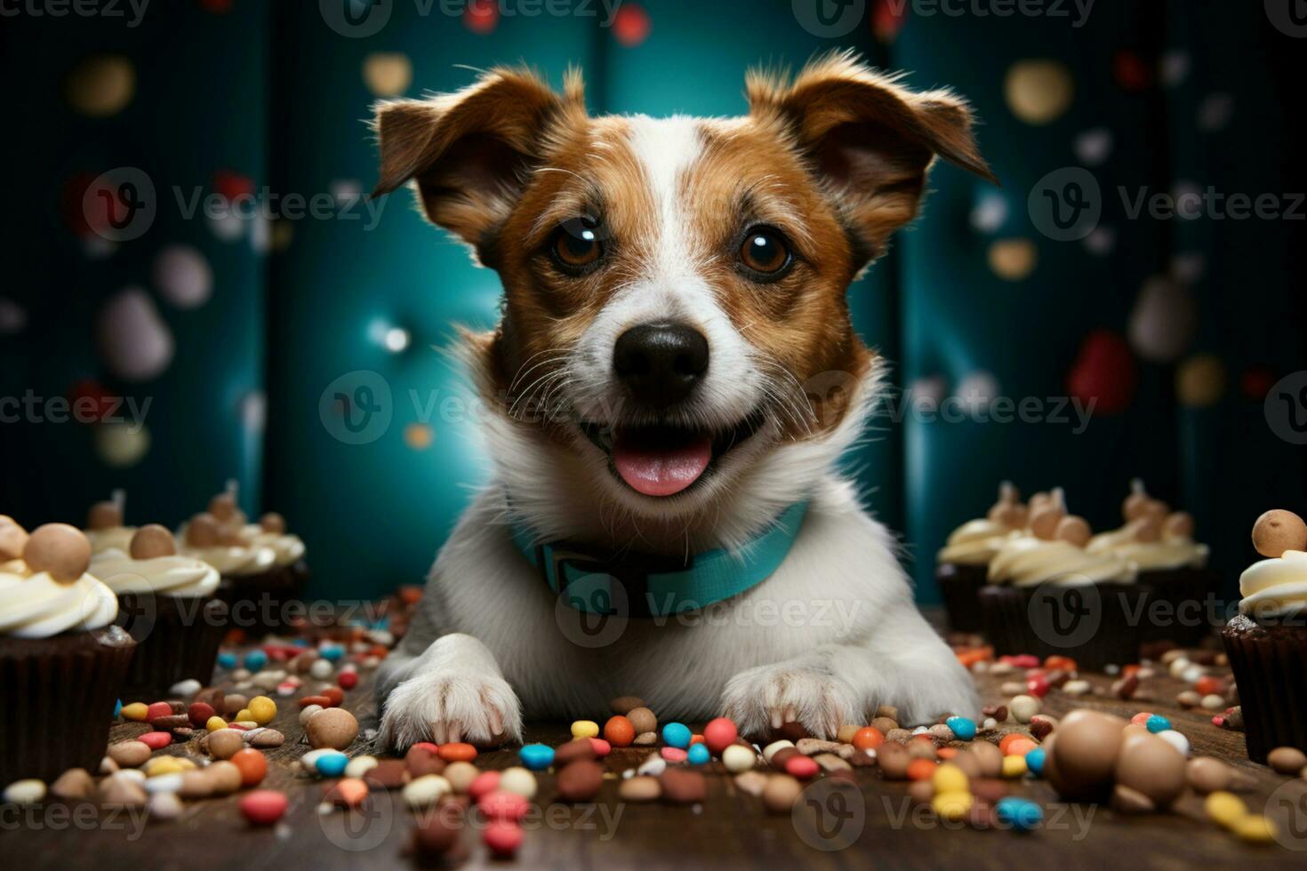 Birthday bash Jack Russell dons tie, hat, holds cake, balloons white backdrop AI Generated photo