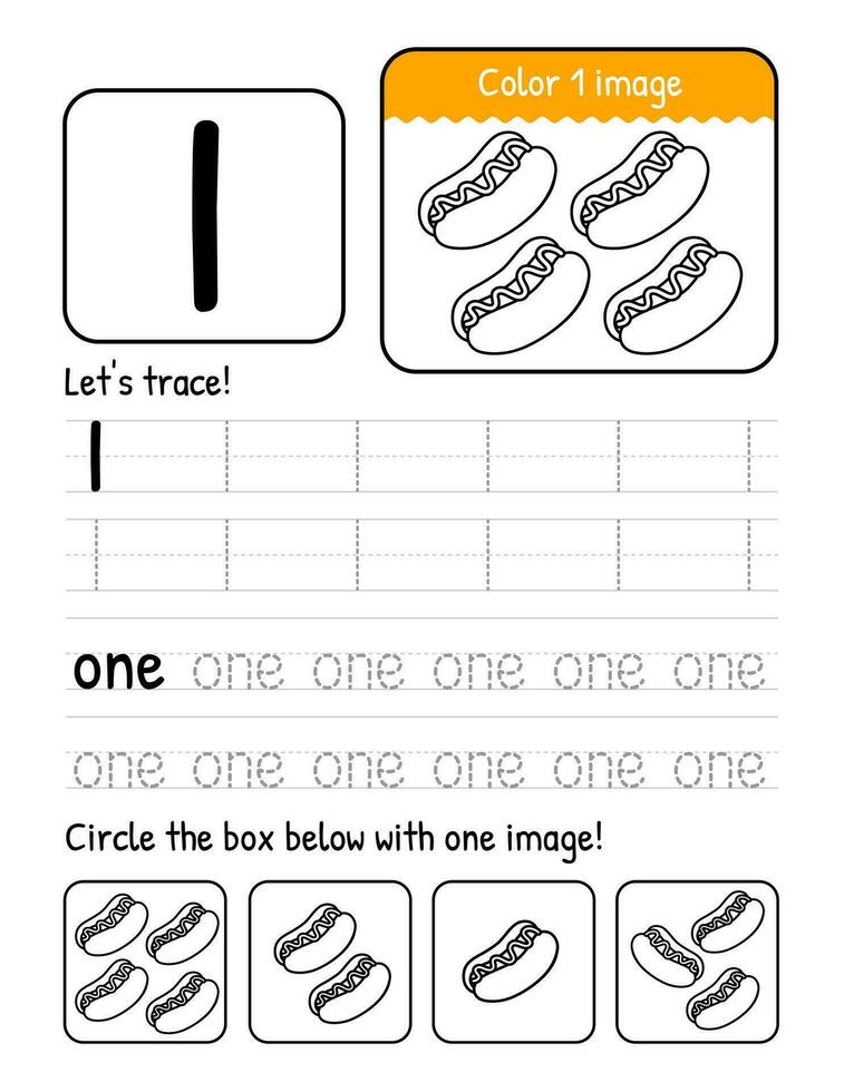 Word And Number One Tracing Book Interior Worksheet Page With Coloring And Counting Activities vector