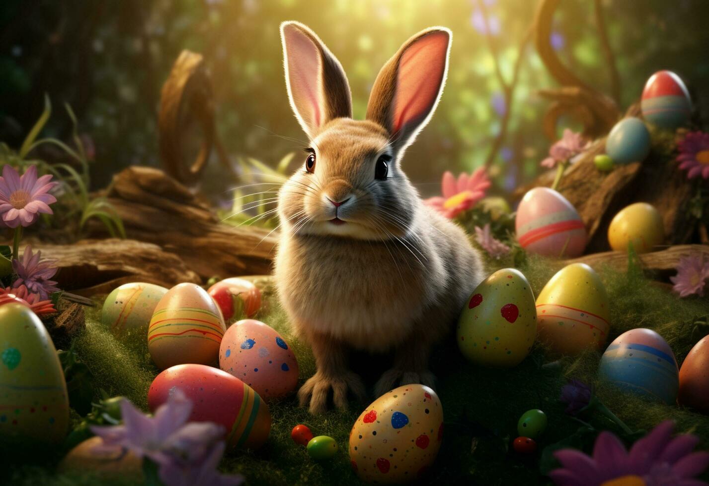 Ai generative photo happy bunny with many easter eggs on grass festive background for decorative design