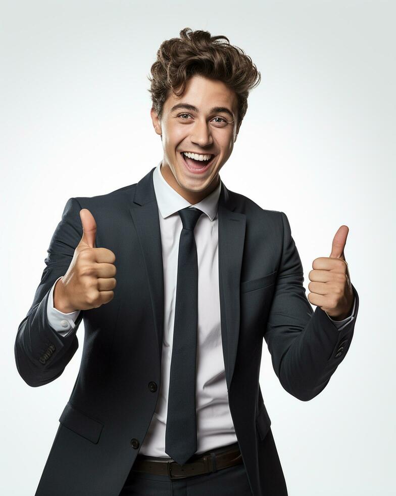 Ai generative photo business concept portrait of excited man dressed in formal wear giving thumbs up