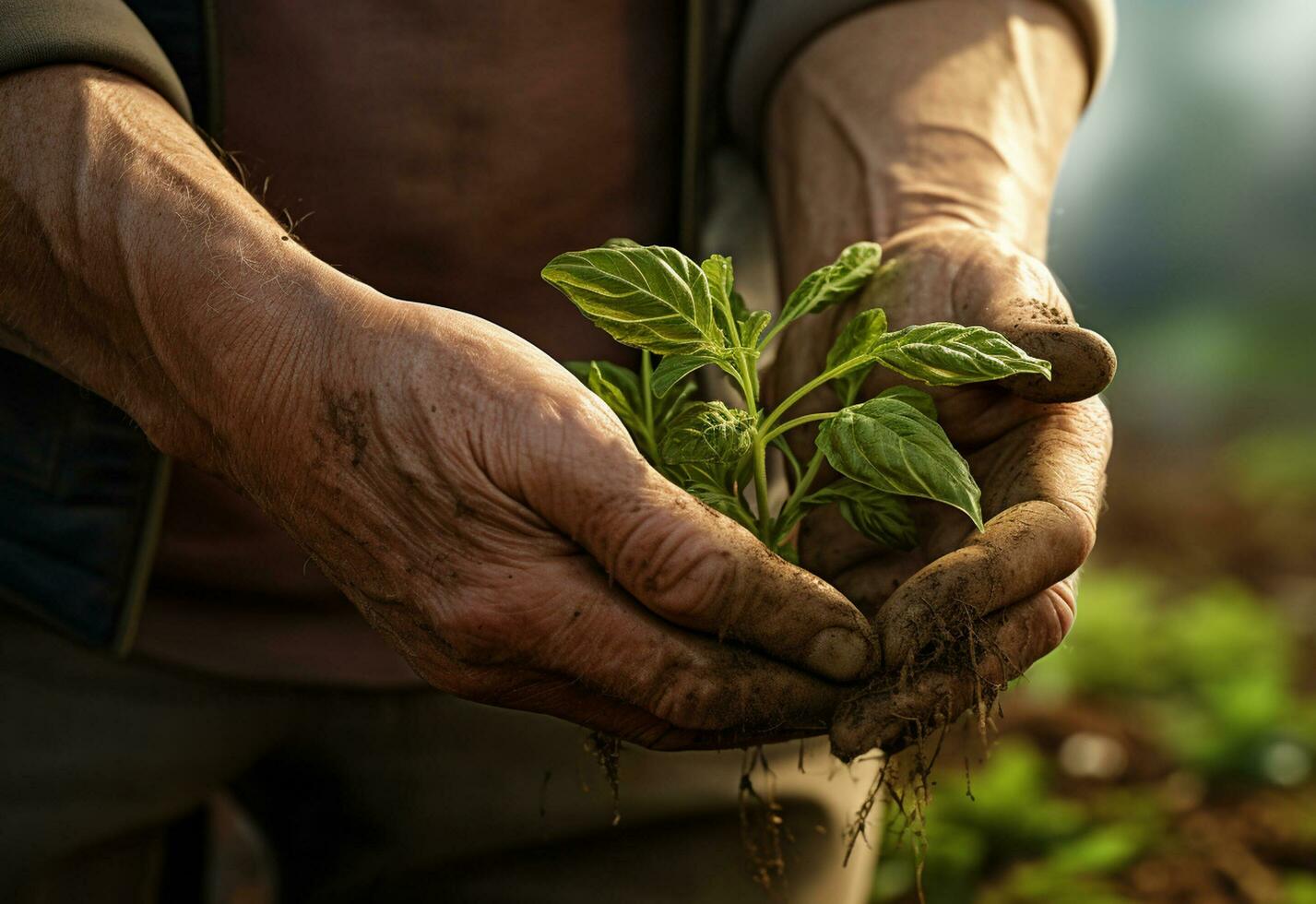 Ai generative Farmer's hands over farm plants realistic image, ultra hd, high design very detailed photo