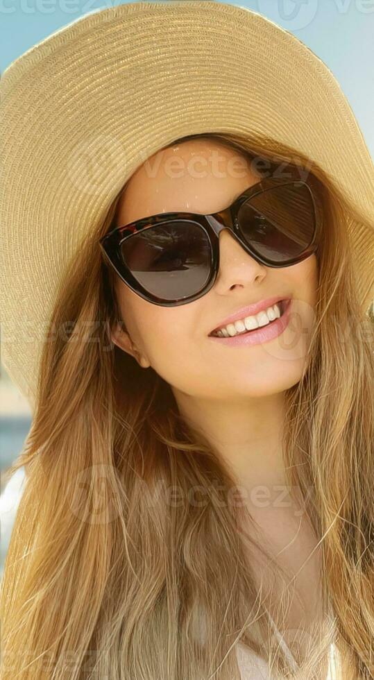 belleza, verano fiesta y moda, cara retrato de contento mujer vistiendo sombrero y Gafas de sol por el mar, para protector solar spf productos cosméticos y playa estilo de vida Mira foto