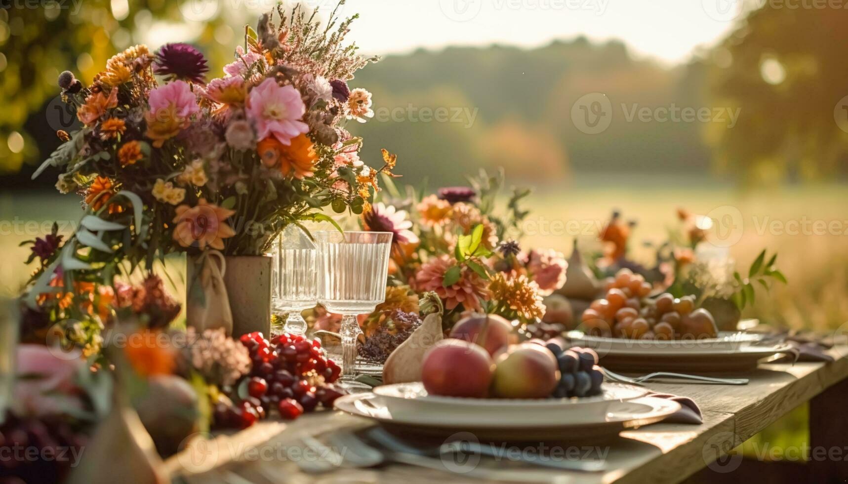 Autumn table scape, autumnal dinner table setting, holiday tablescape for wedding, birthday or party event celebration, generative ai photo