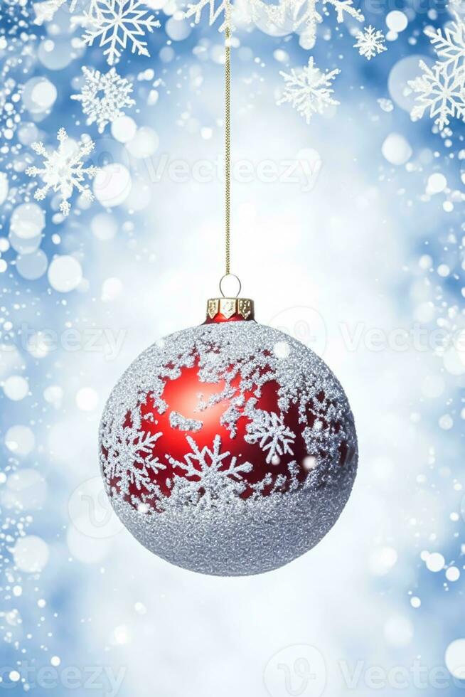 Christmas bauble on a snowy winter background, Merry Christmas and Happy Holidays wishes, generative ai photo