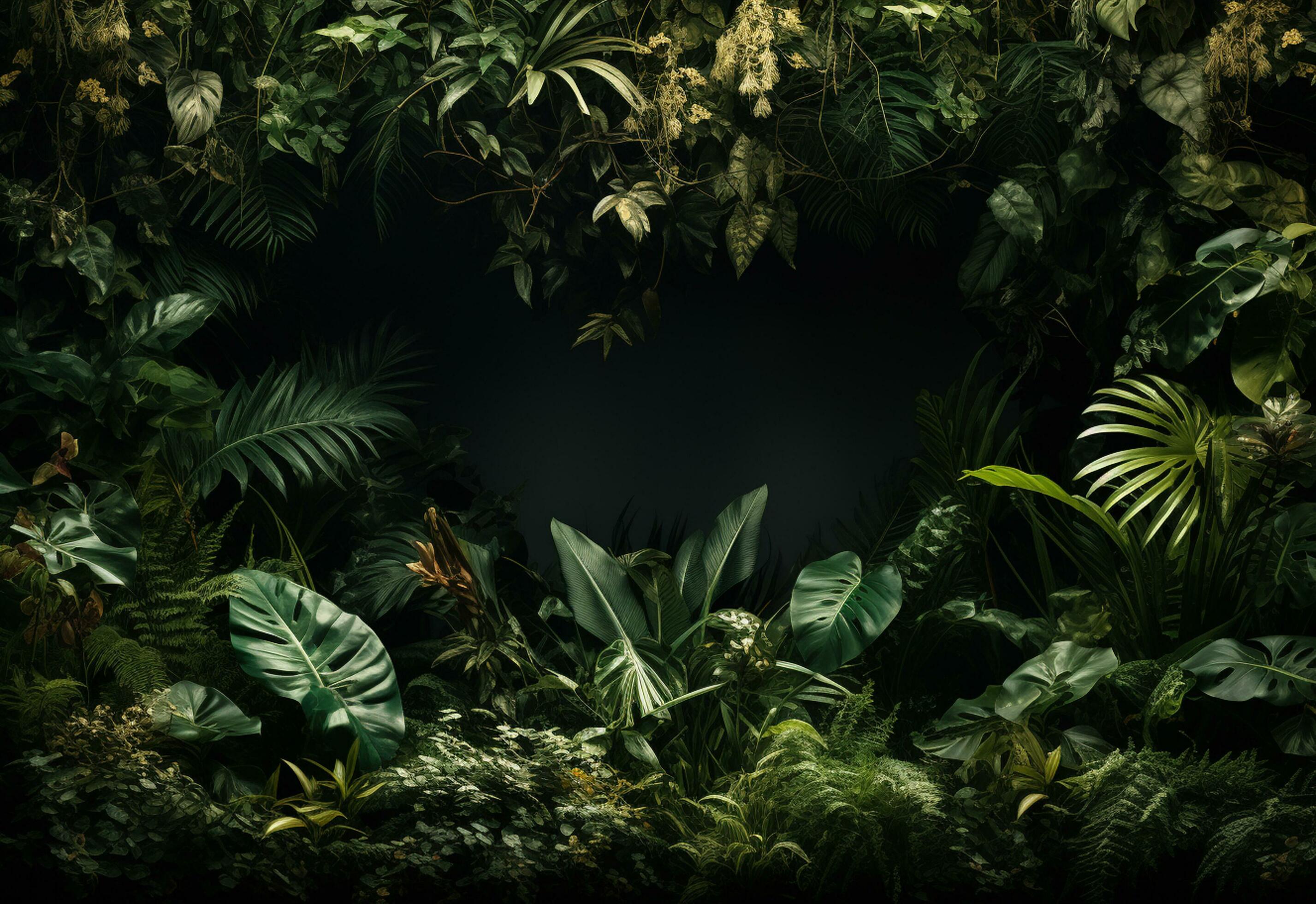 Beautiful jungle background with border made of tropical leaves