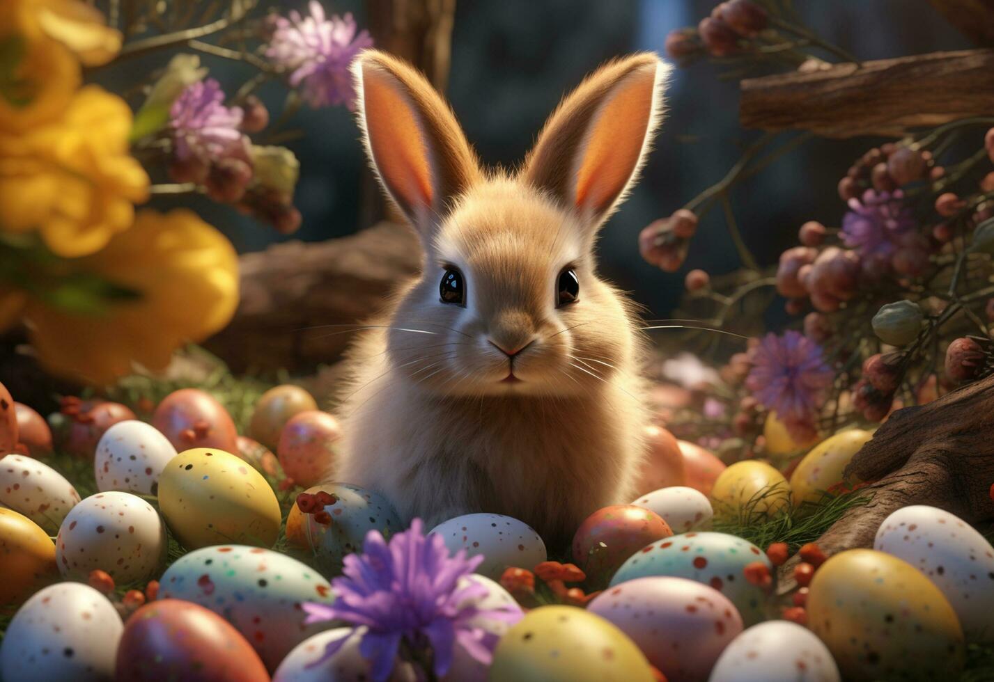 Ai generative photo happy bunny with many easter eggs on grass festive background for decorative design