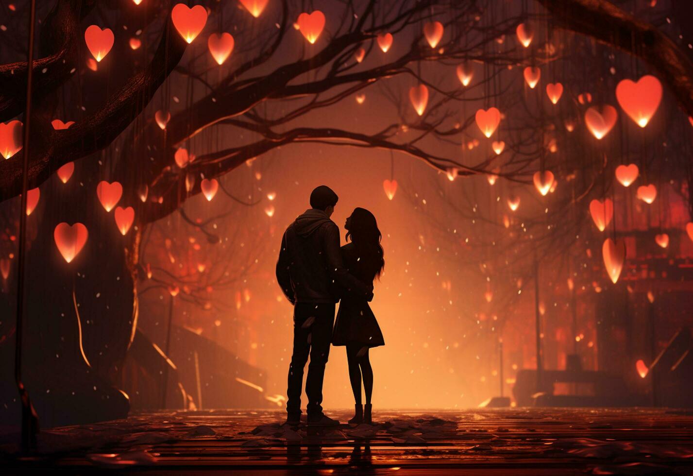 Ai generative A couple Hugging each other on Valentine's Day, area illuminated by the warm glow of hanging hearts photo