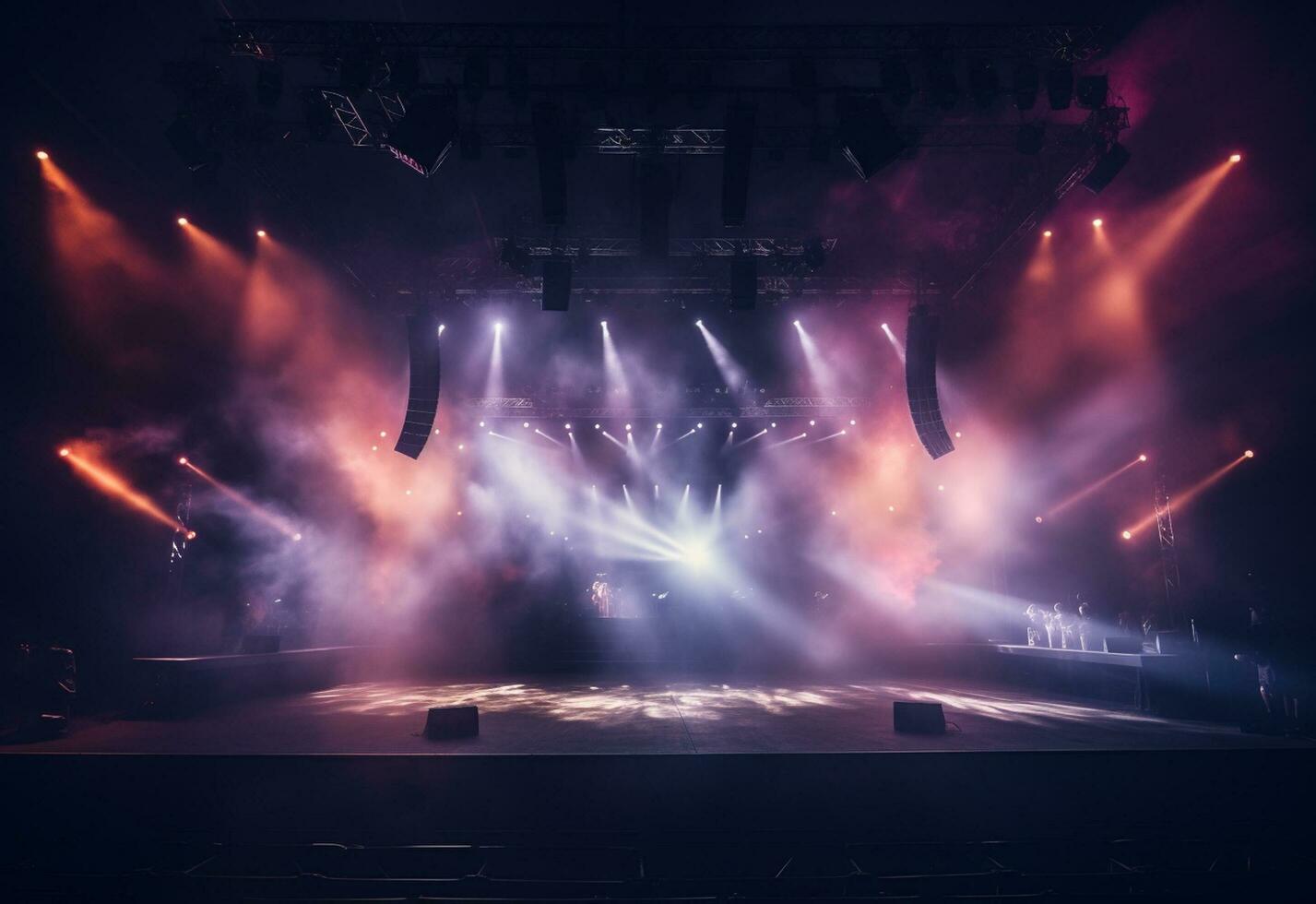 Ai generative Concert Stage Scenery With Spotlights Colored Lights Smoke photo