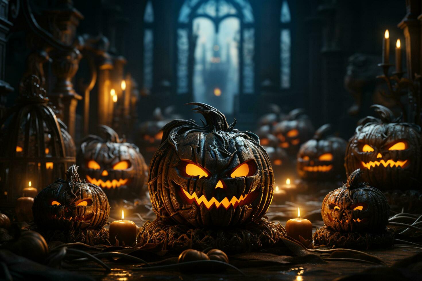 Halloween background with pumpkins and haunted house - 3D render. Halloween background photo