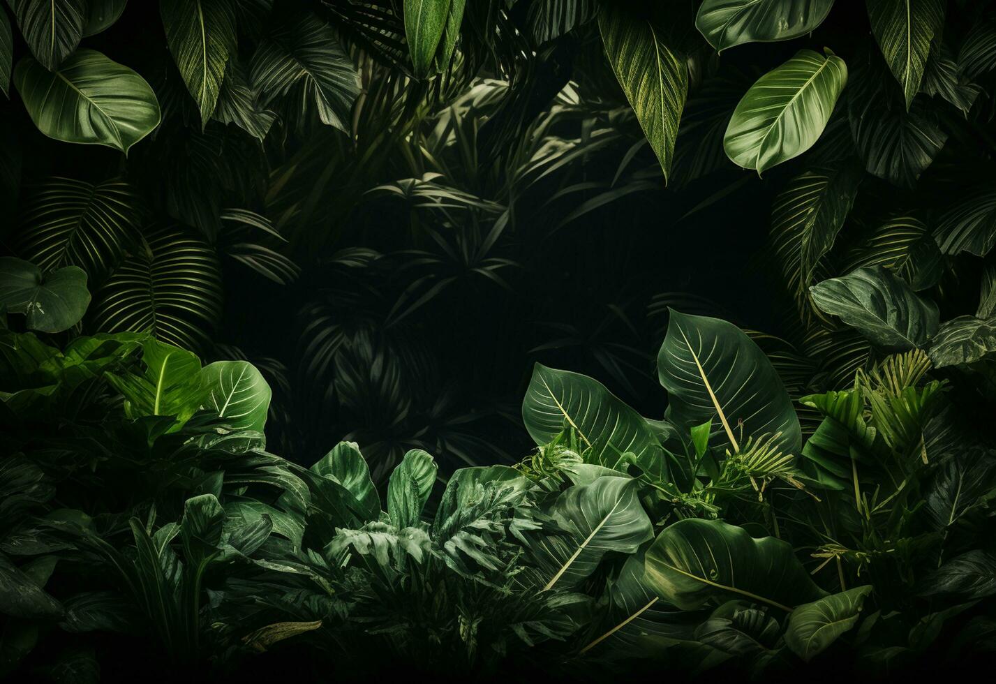 Ai Generative Beautiful jungle background with border made of tropical leaves backdrop with copy space photo