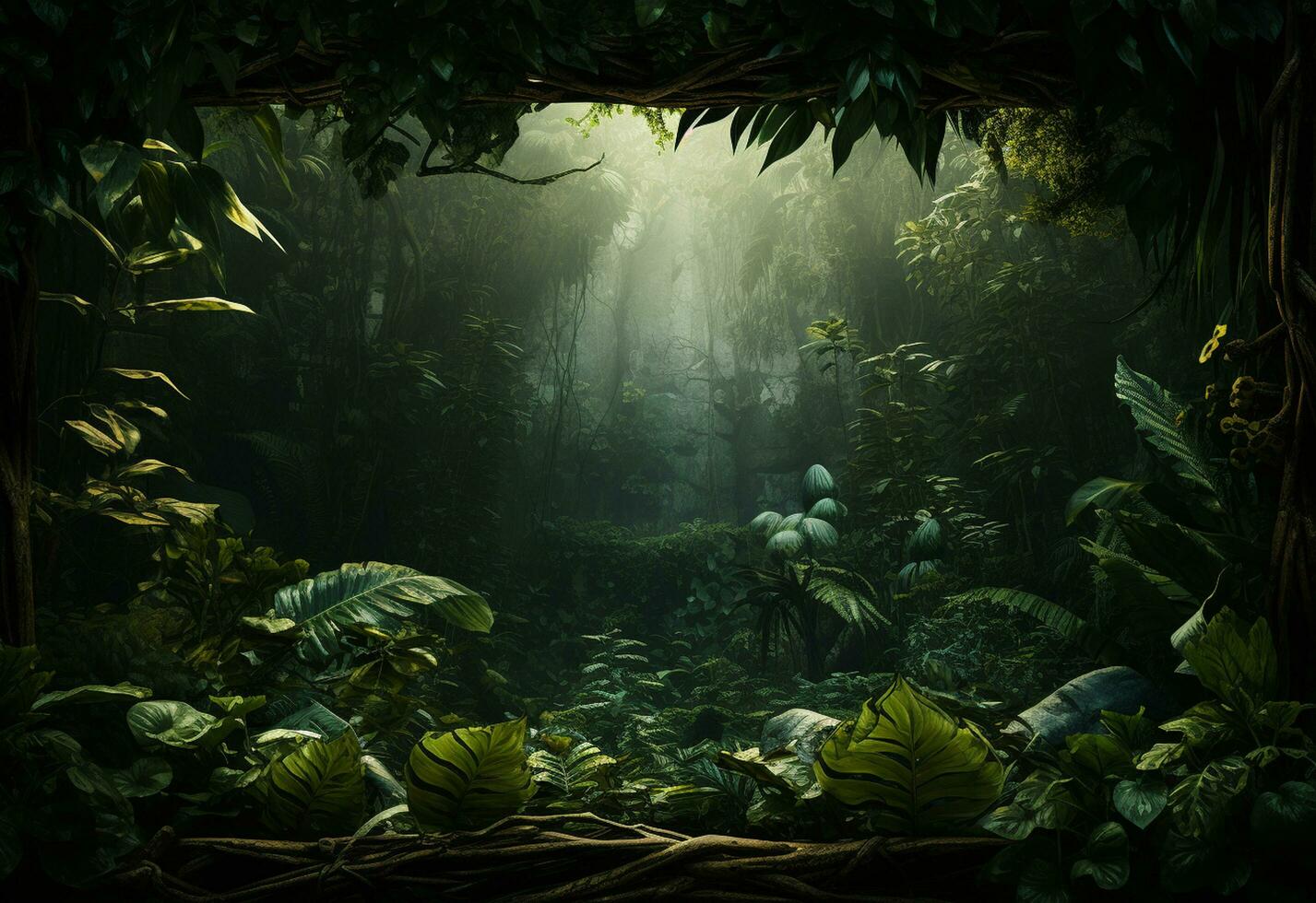 Beautiful jungle background with border made of tropical leaves backdrop with copy space photo