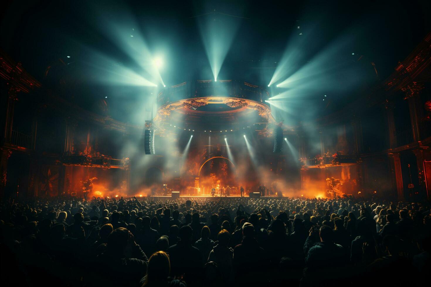 Ai generative Crowded Concert Stage Scenery With Spotlights and Colored Lights realistic image, ultra hd photo