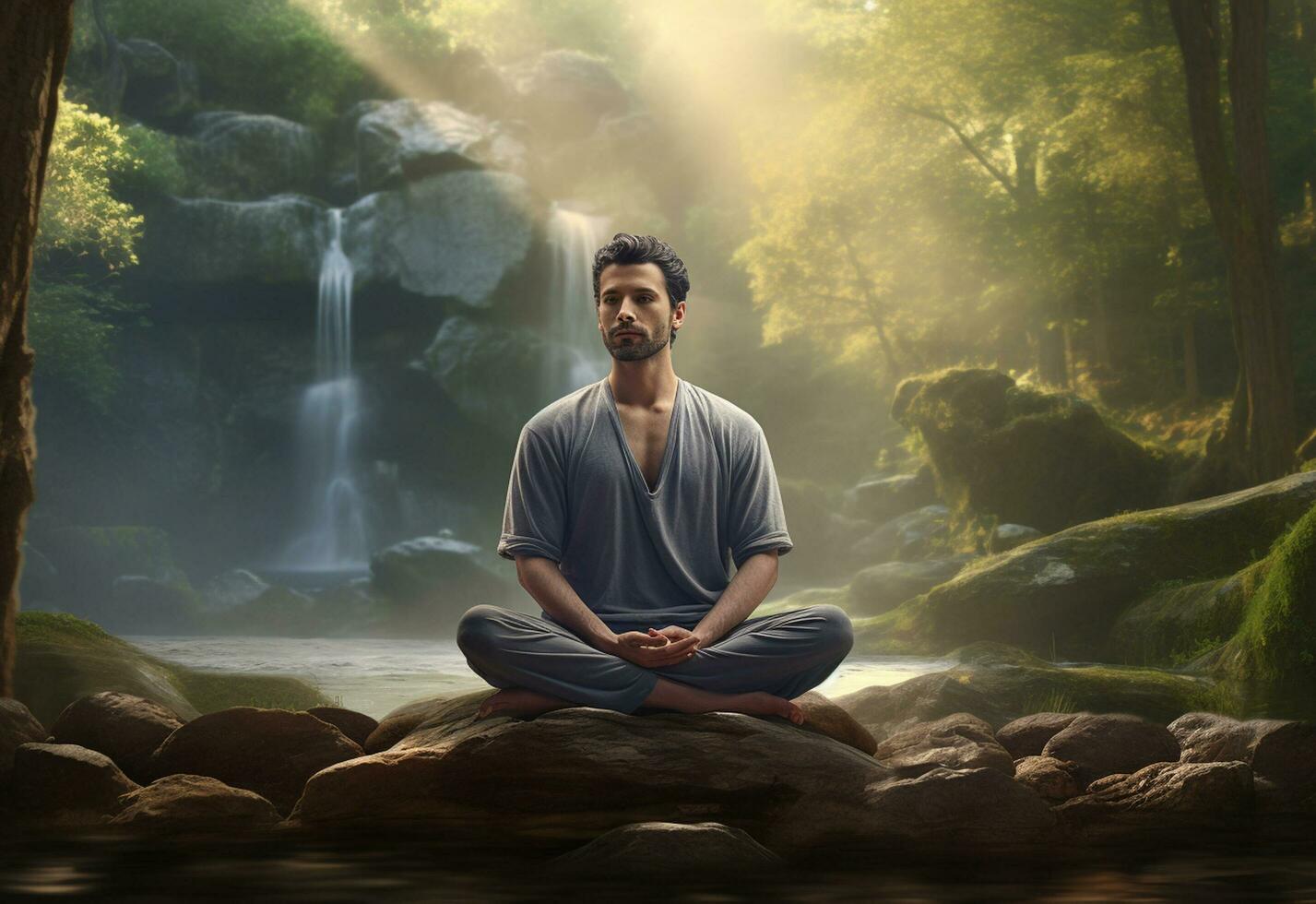 ai generative photo of a man practicing mindfulness and meditation in a peaceful natural environment sony A7s realistic image, ultra hd, high design very detailed