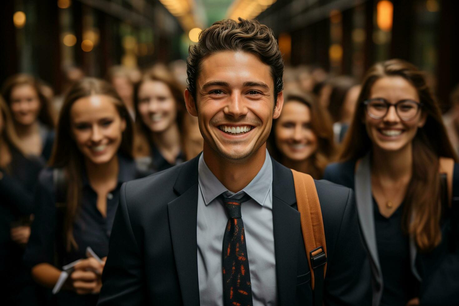 Ai Generative group of happy business man and business women, dressed in suits are smiling, in the office photo