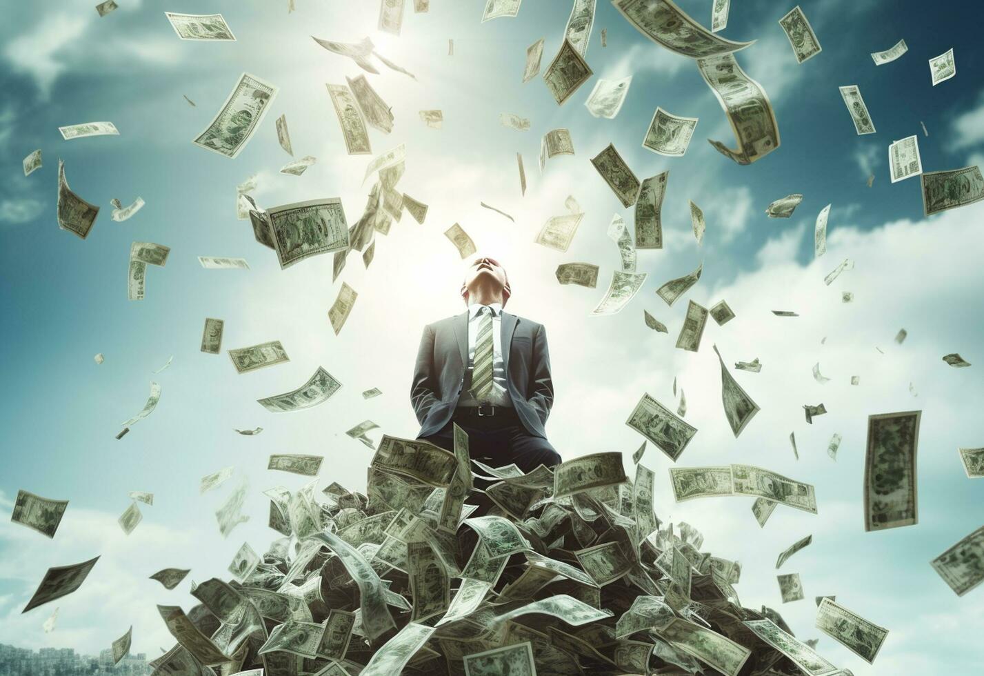 Ai Generative  The concept of financial freedom and business success Money falls on your head photo