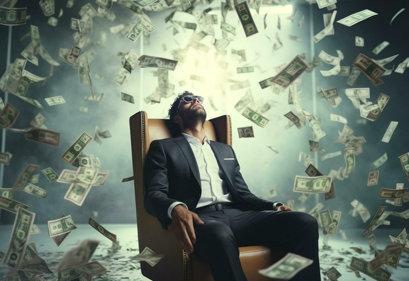 Ai Generative  The concept of financial freedom and business success Money falls on your head photo