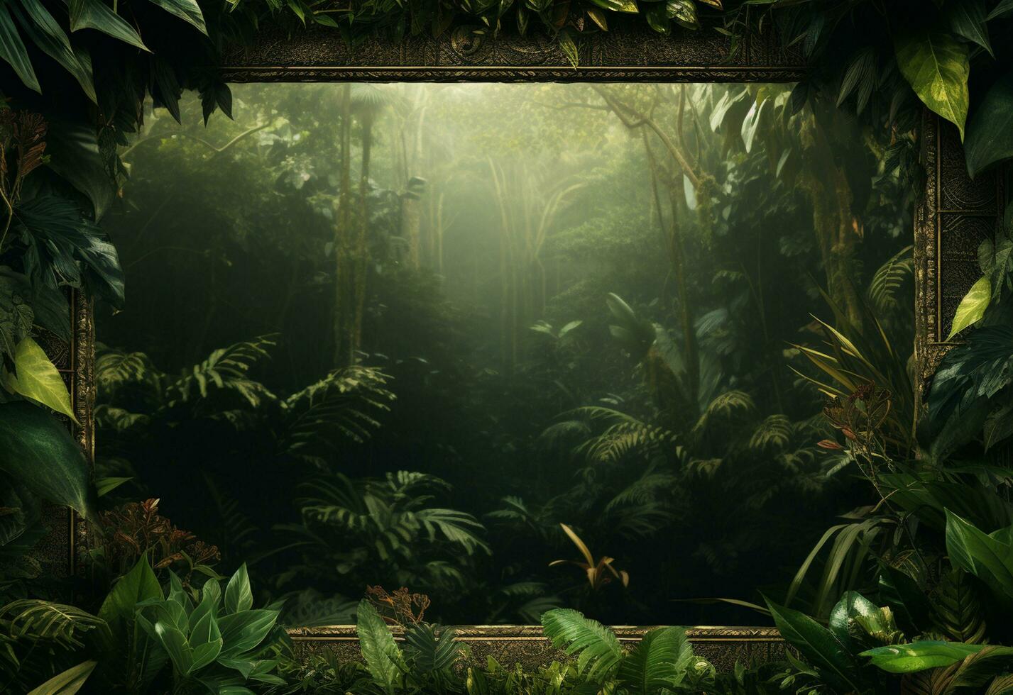 Beautiful jungle background with border made of tropical leaves backdrop with copy space photo