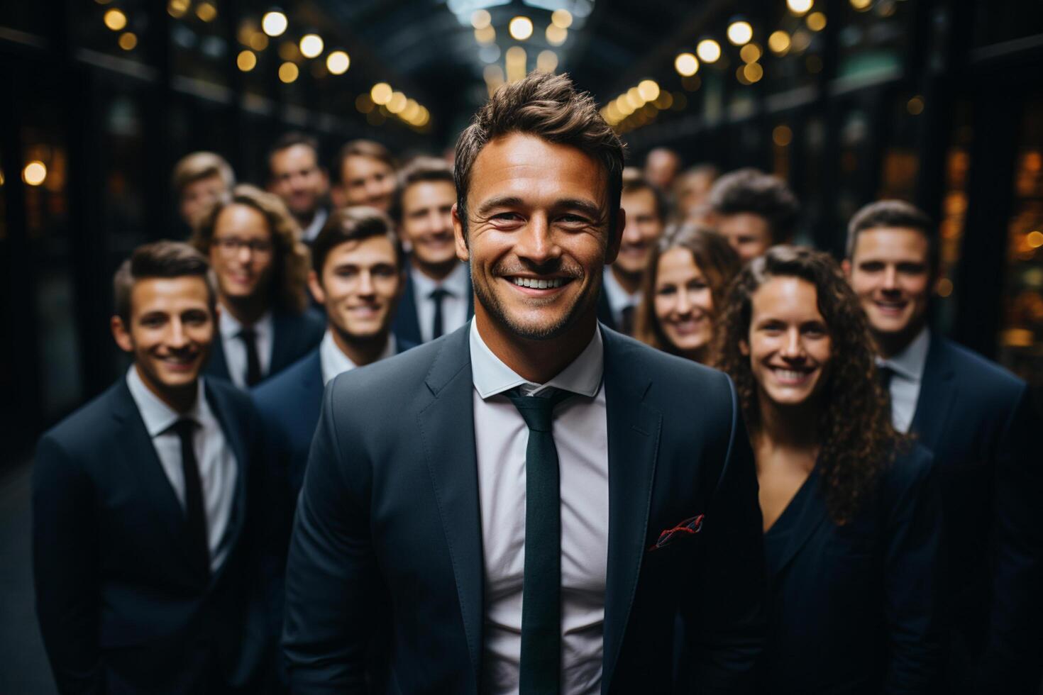 Ai Generative group of happy business man and business women, dressed in suits are smiling, in the office photo