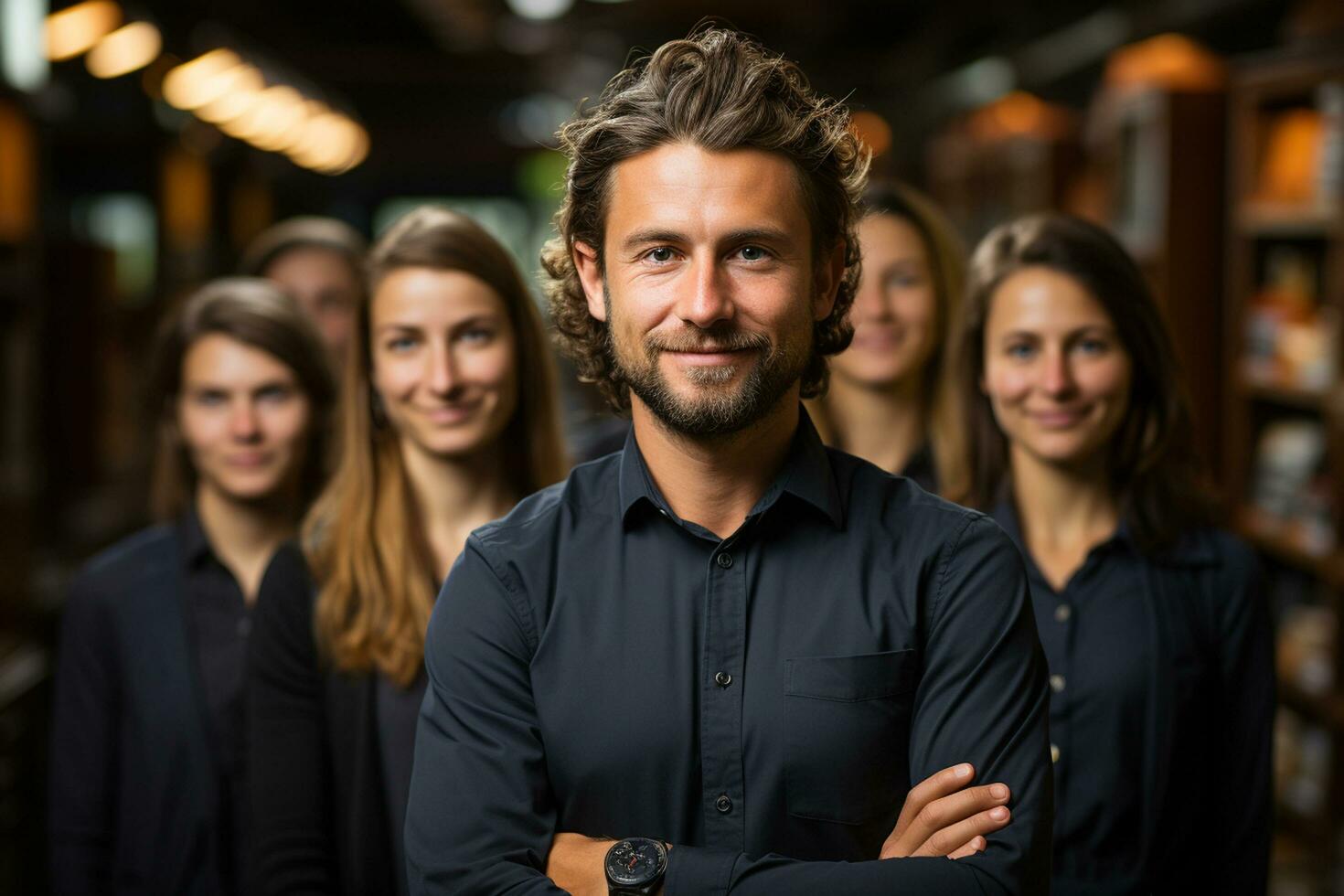 Ai Generative group of happy business man and business women, dressed in suits are smiling, in the office photo